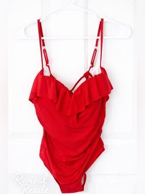 Red Ruffle Ruched One Piece Swimsuit Tummy Control Crisscross Back Size M